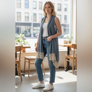 Indigo Soul Boho Chambray Lace Trim Open Front Vest– Size XL Flowy Duster
